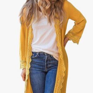 Women's 3/4 Sleeve Lace Trim Casual Wrap Cardigan